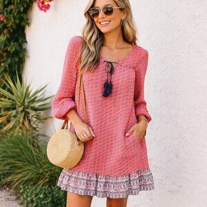 AS U WISH Flowy Boho Coral Printed Tunic Mini Dress, Small